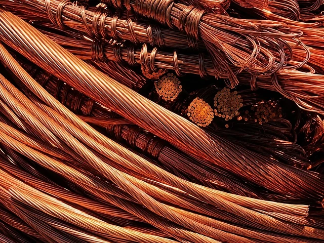 Industrial armored copper power cables, stripped copper wire coils and electrical busbars ready for recycling