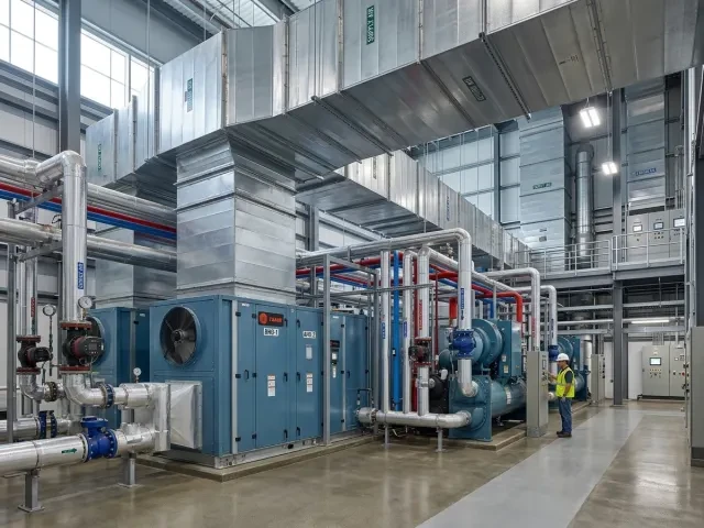 Large scale industrial centralized AC plant and commercial rooftop HVAC installation
