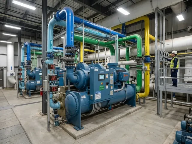 Industrial water-cooled and air-cooled chiller plant installation and process refrigeration system